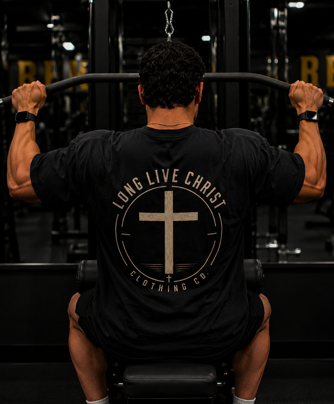 Long Live Christ tee back logo — lat pulldown